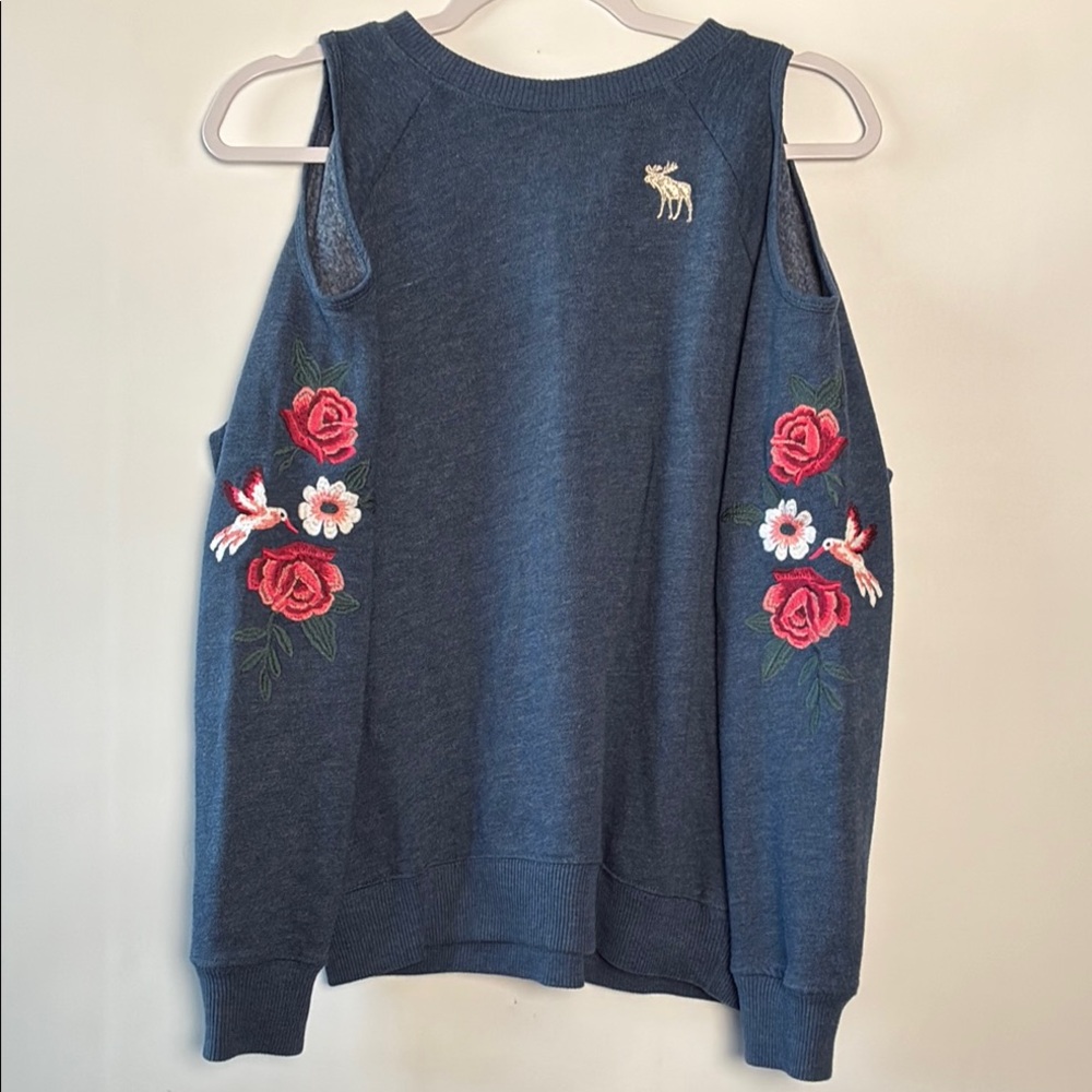 Abercrombie Kids Blue Crew Neck Sweater with Floral Embroidery & Cold Shoulder
